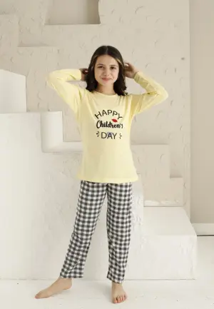 Pijama Fete Mânecă Lungă și Pantaloni Lungi, Galben – Happy Day