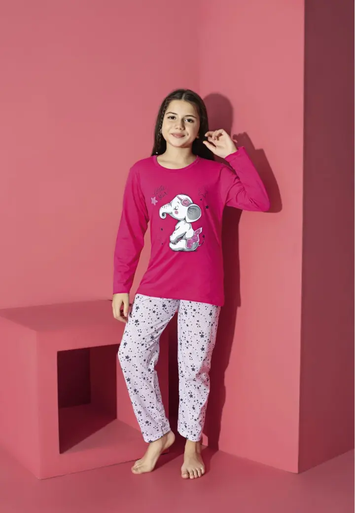 Pijama Fete Mânecă Lungă și Pantaloni Lungi, Fuchsia – Elefant