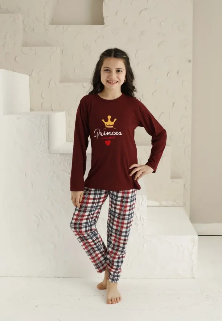 Pijama Fete Mânecă Lungă și Pantaloni Lungi, Bordo cu Imprimeu Princess