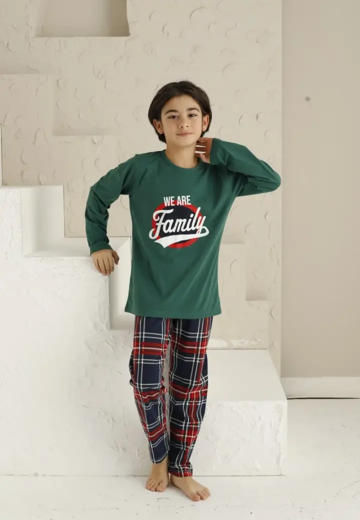 Pijama Băieți Mânecă Lungă, Pantaloni Lungi – Family, Verde