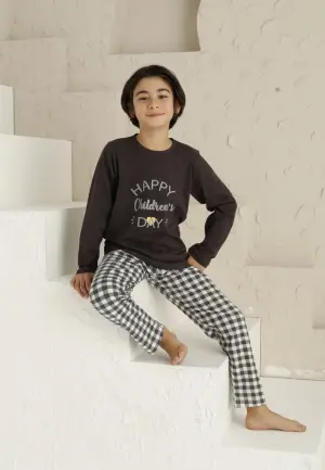 Pijama Băieți Mânecă Lungă, Pantaloni Lungi – Happy Day, Maro
