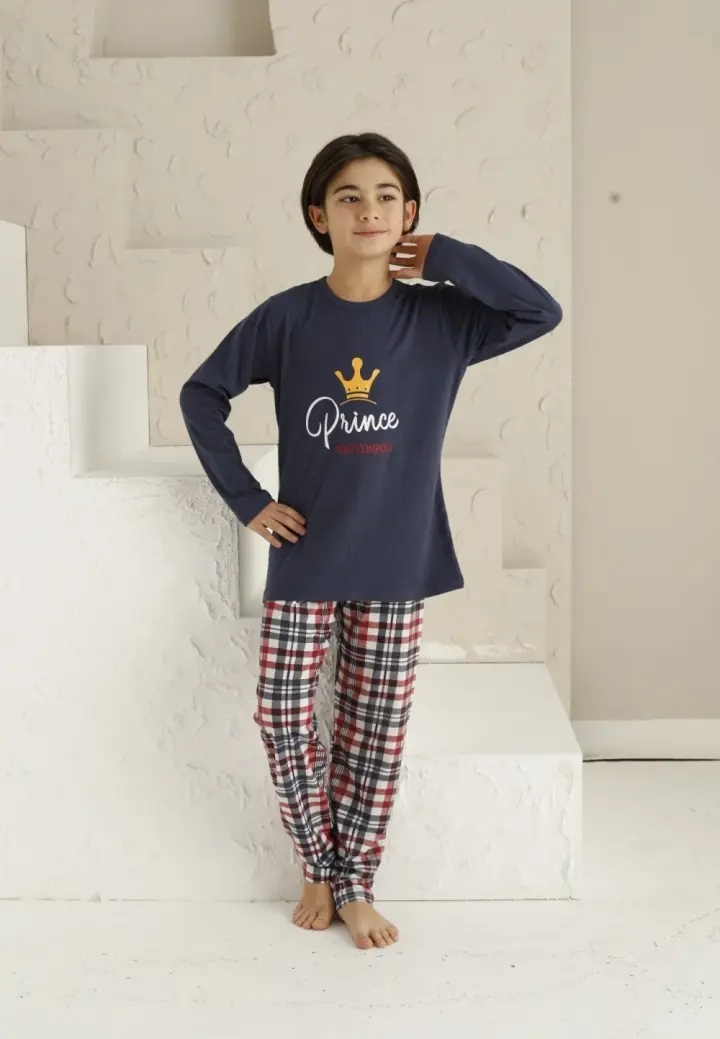 Pijama Băieți - Mânecă Lungă, Pantaloni Lungi - Model Prince, Bleumarin