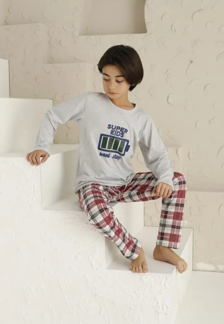 Pijama Băieți Mânecă Lungă, Pantaloni Lungi – Super Kids, Gri
