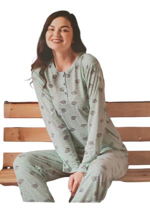 Pijama damă bambus verde – mânecă lungă și pantaloni lungi