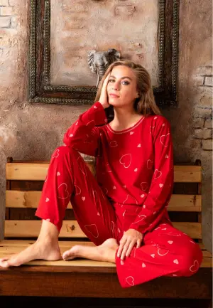 Pijama damă bumbac roșu cu imprimeu inimioare