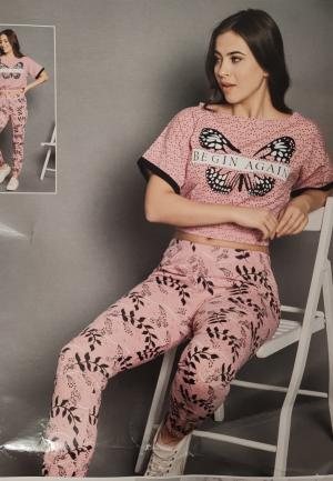 Pijama damă mânecă scurtă și pantaloni lungi cu imprimeu fluture