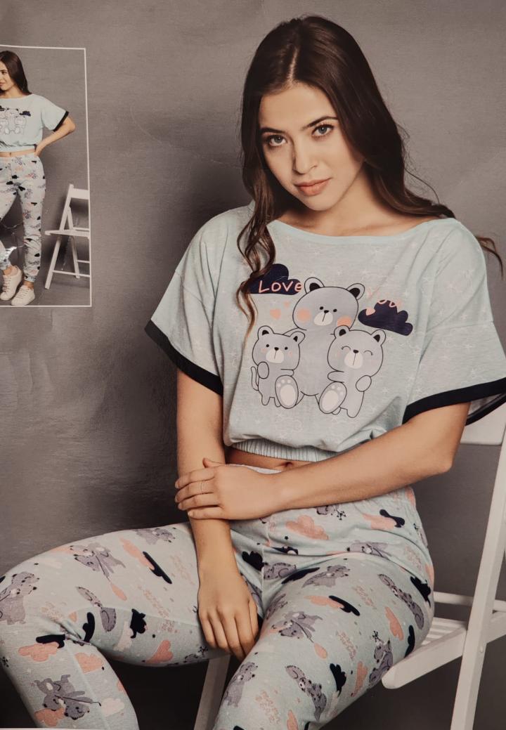 Pijama damă mânecă scurtă și pantaloni lungi cu imprimeu „Love You