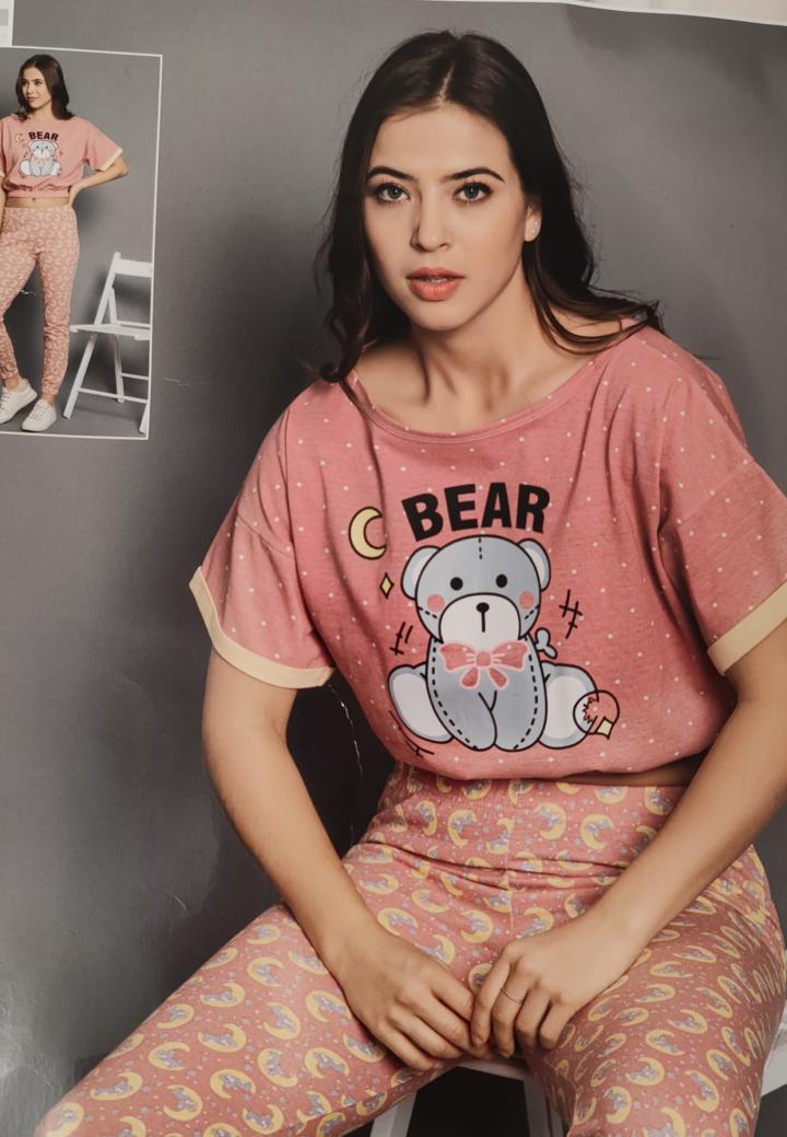 Pijama damă mânecă scurtă și pantaloni lungi cu model ursuleț