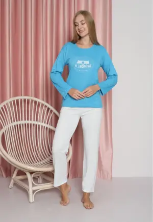 Pijama Damă Mâneci Lungi și Pantaloni Lungi-Albastru