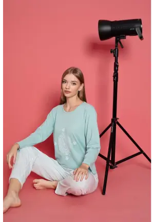 Pijama Damă Mâneca Lungă și Pantaloni Lungi din Bumbac