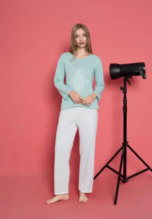 Pijama Damă Mâneca Lungă și Pantaloni Lungi din Bumbac