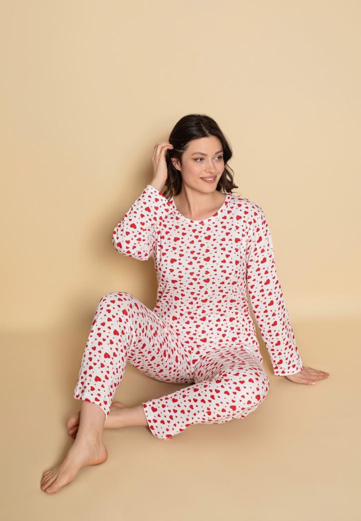 Pijama Dama Maneca Lunga și Pantaloni Lungi cu Inimoare