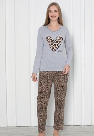 Pijama Damă Mâneca Lungă Pantalon Lunga-animal print, Gri