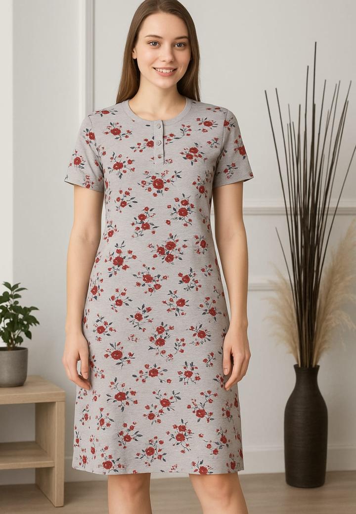Cămașă de noapte damă, gri, cu mânecă scurtă și imprimeu cu trandafiri