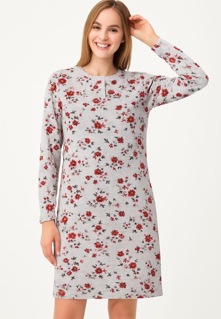 Cămașă de noapte gri cu mânecă lungă și imprimeu cu trandafiri
