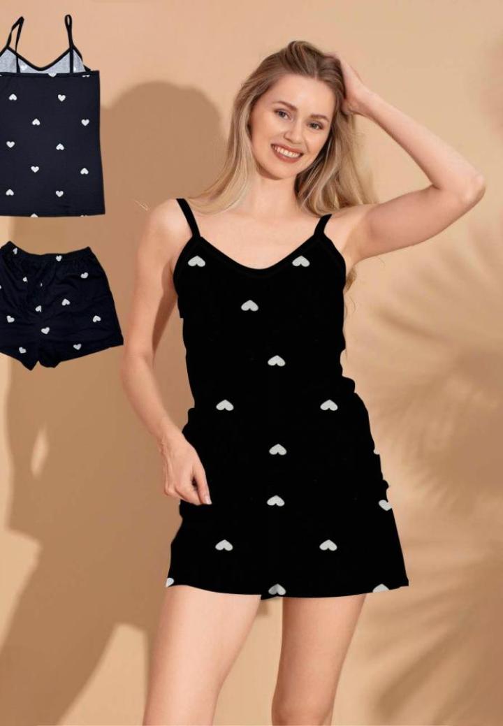 Pijama Damă, Maiou și Short, Imprimeu cu Inimi, Negru