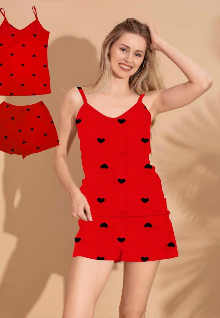 Pijama Damă, Maiou și Short, Imprimeu cu Inimi, Roșu