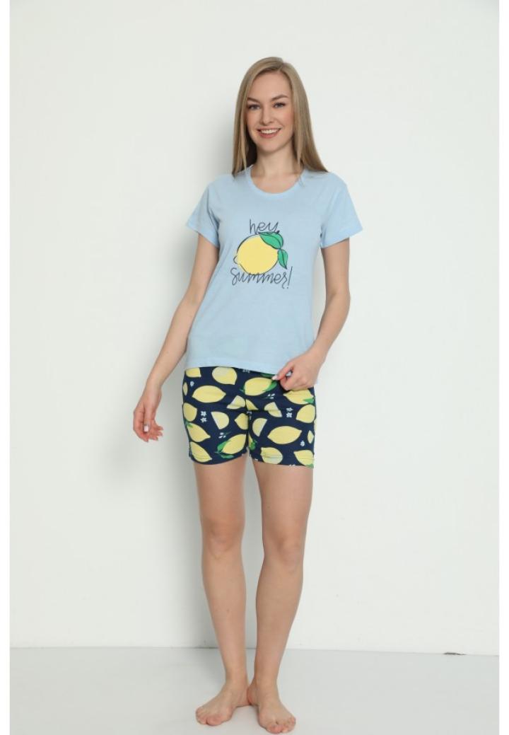 Pijamă damă mânecă scurtă, pantalon scurt, Hey Summer, Albastru
