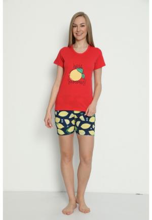 Pijamă damă mânecă scurtă, pantalon scurt, Hey Summer, roșu