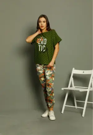 Pijama Damă cu Mâneci Scurte și Pantaloni Lungi – Design Exotic