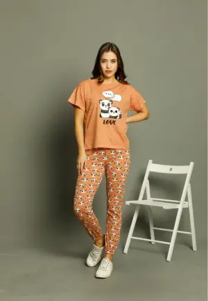 Pijama Damă Mâneci Scurte și Pantaloni Lungi –Panda Love