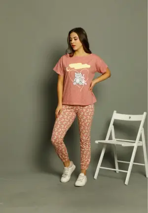 Pijama Damă Mâneci Scurte și Pantaloni Lungi –Iepurași