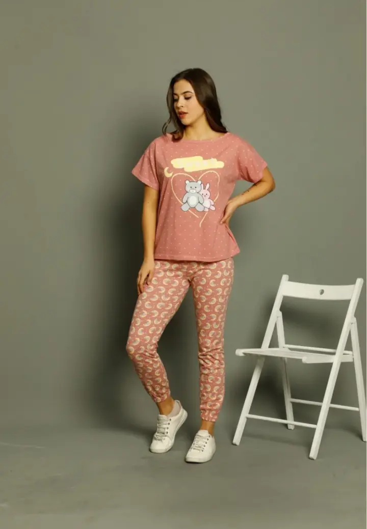 Pijama Damă Mâneci Scurte și Pantaloni Lungi –Iepurași