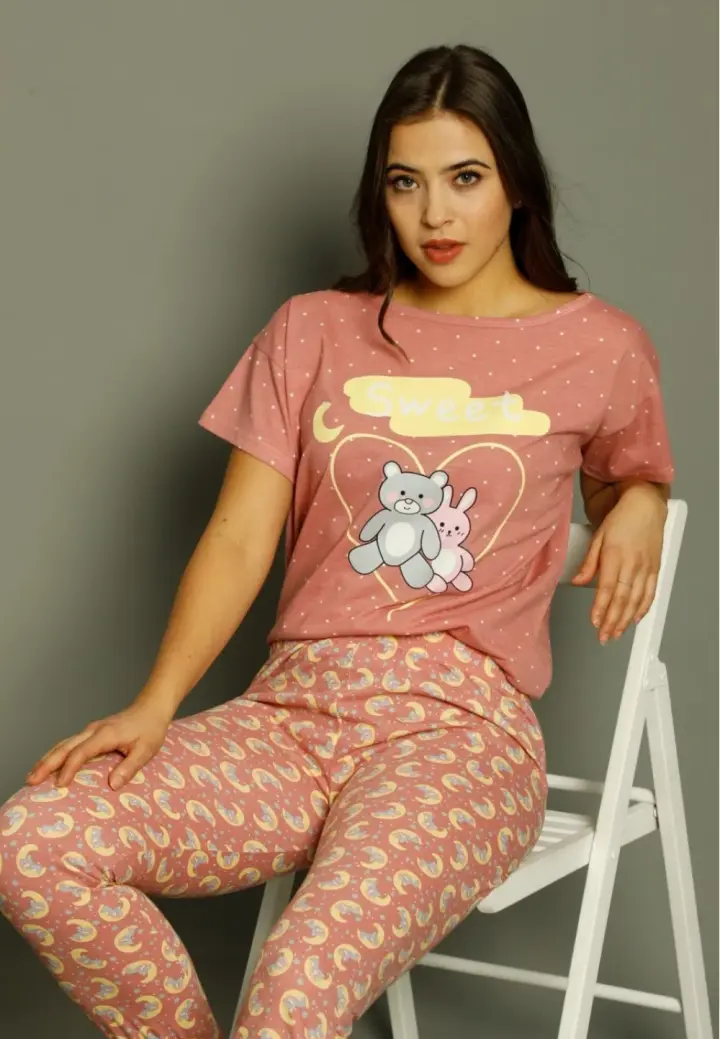 Pijama Damă Mâneci Scurte și Pantaloni Lungi –Iepurași