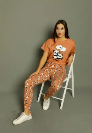 Pijama Damă Mâneci Scurte și Pantaloni Lungi –Panda Love