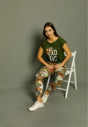 Pijama Damă cu Mâneci Scurte și Pantaloni Lungi – Design Exotic