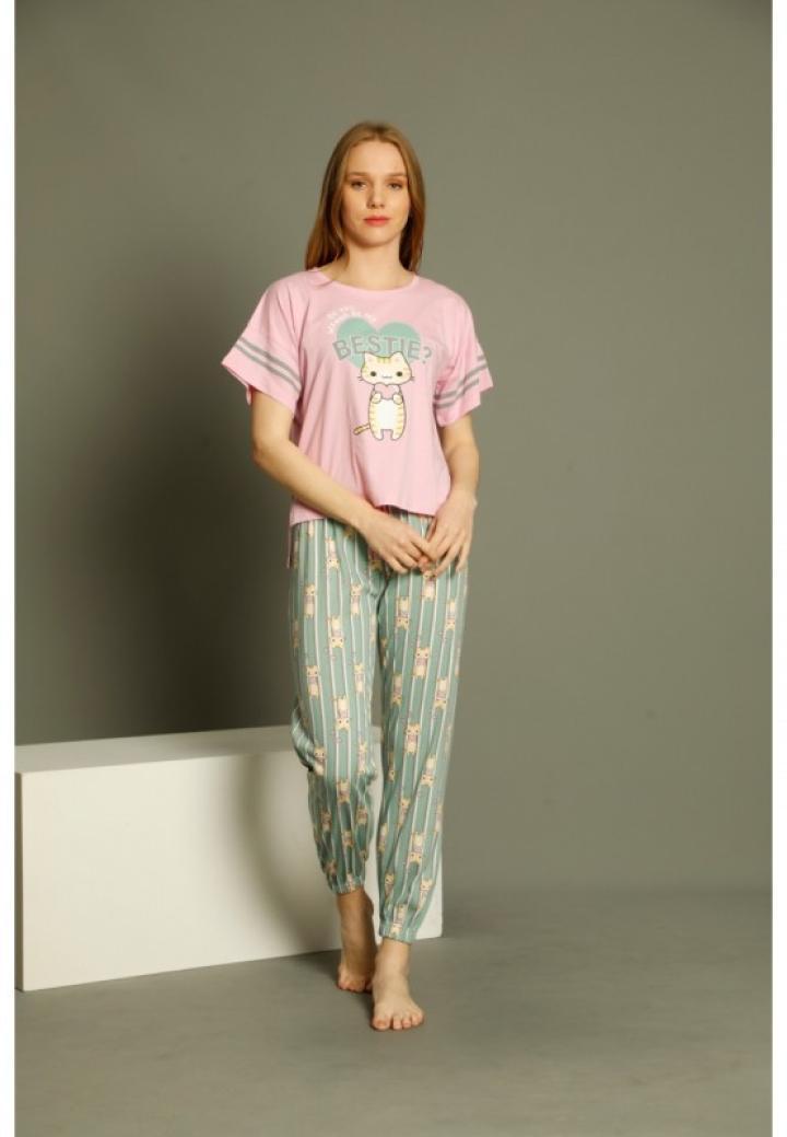 Pijamale Damă Mâneci Scurte și Pantaloni Lungii – Pisică