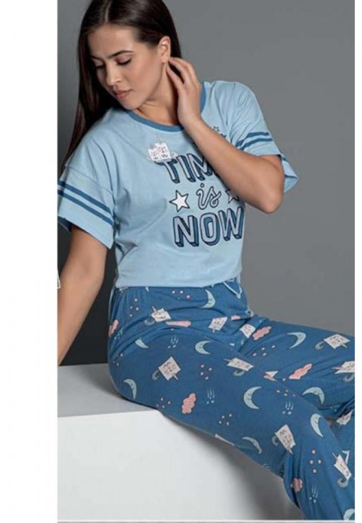 Pijama Damă Mânecă Scurtă și Pantaloni Lungii – Model Time is Now