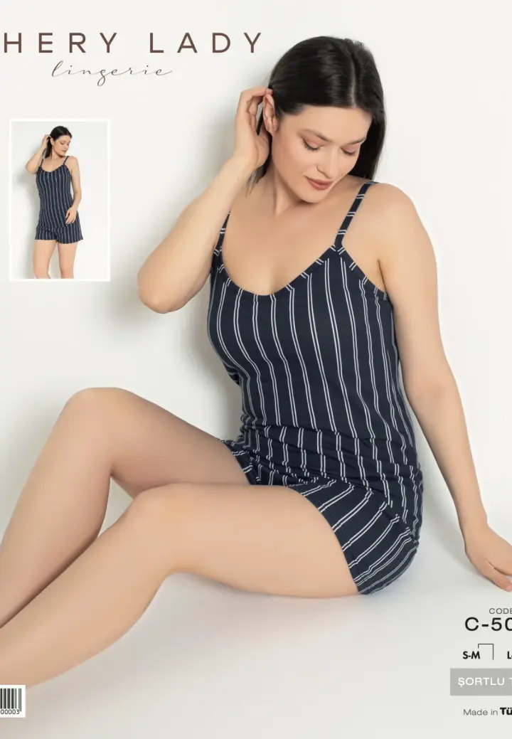 Pijama de damă din bumbac cu maiou și short, design Dungi