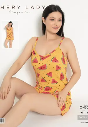 Pijama de Damă din Bumbac cu Maiou și Șort, Design Pepene Roșie