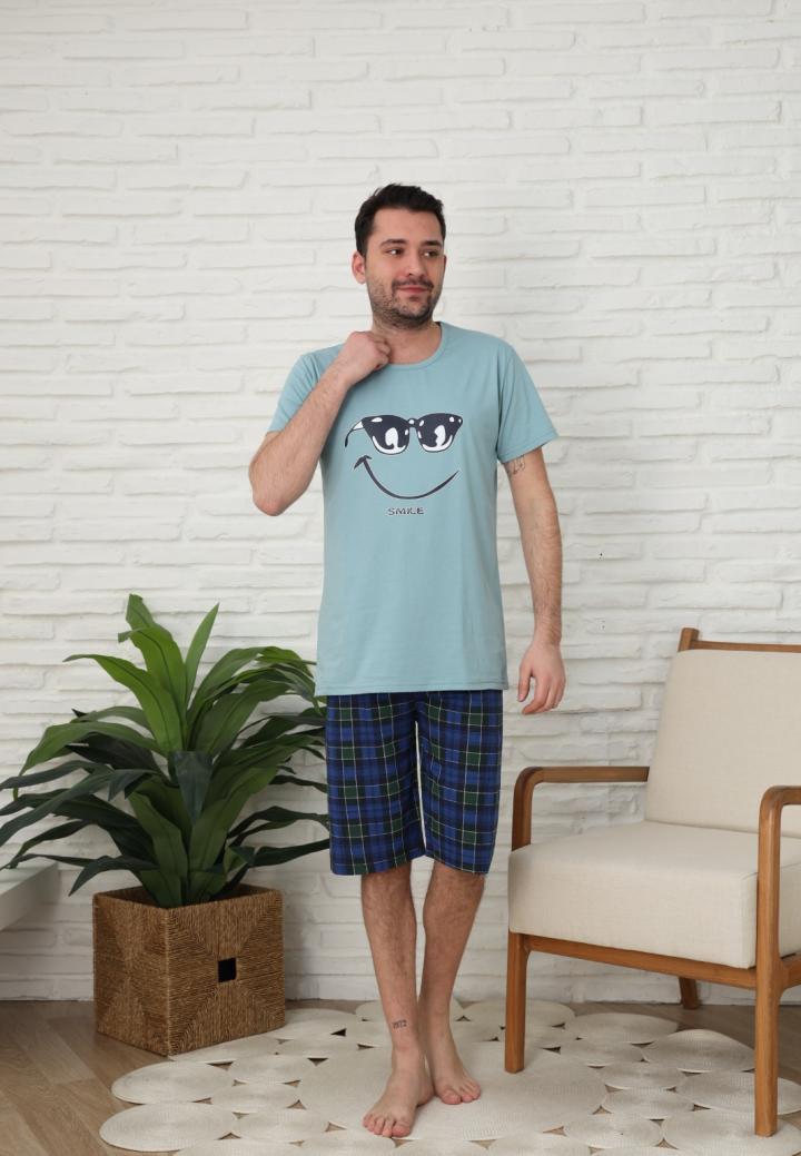 Pijama bărbătească din bumbac – Mânecă scurtă & pantaloni trei sferturi, imprimeu "Smile"