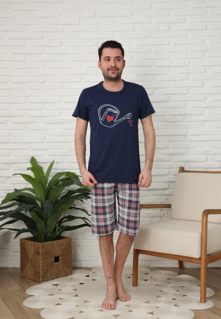 Pijamale barbati din bumbac, maneca scurta pantaloni trei sferturi imprimeu strop de iubire