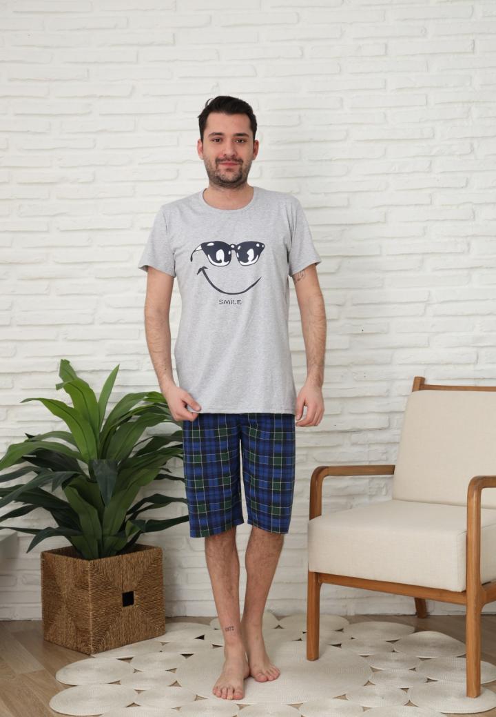 Pijama bărbătească din bumbac – Mânecă scurtă & pantaloni trei sferturi, imprimeu "Smile"