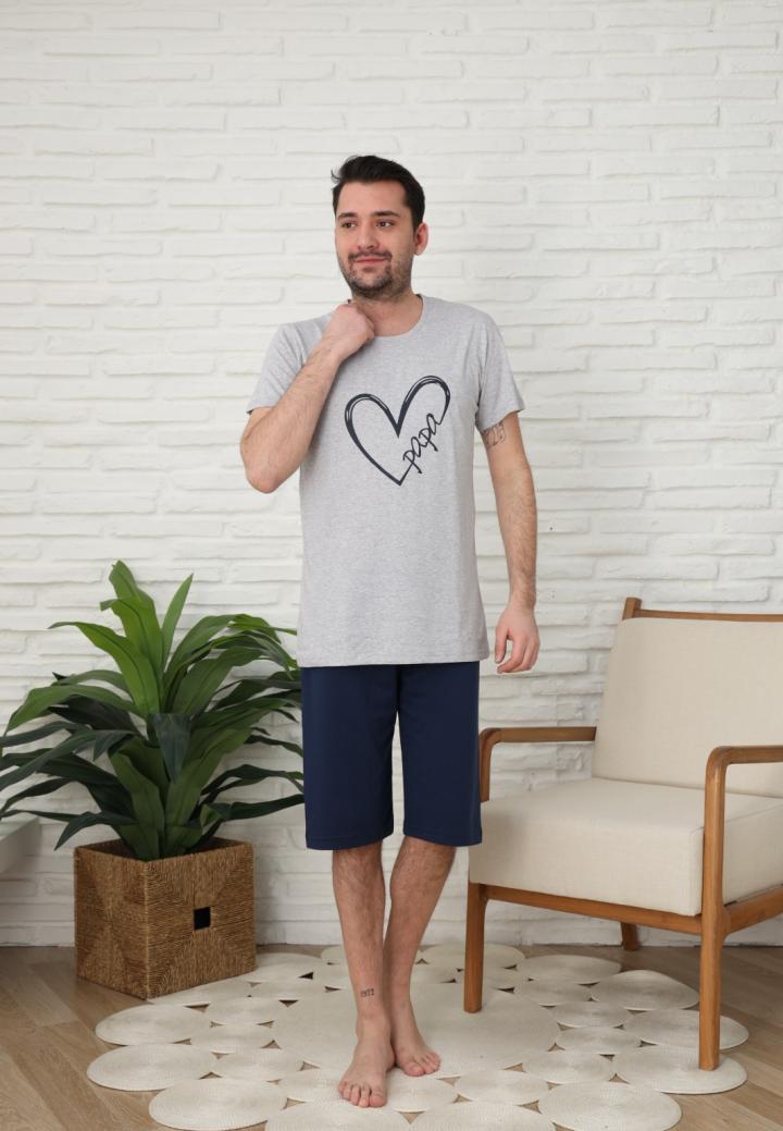 Pijamale barbati din bumbac, maneca scurta pantaloni trei sferturi imprimeu PAPA