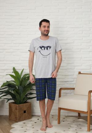Pijama bărbătească din bumbac – Mânecă scurtă & pantaloni trei sferturi, imprimeu "Smile"