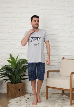 Pijama bărbătească din bumbac – Mânecă scurtă & pantaloni trei sferturi, imprimeu "Smile"