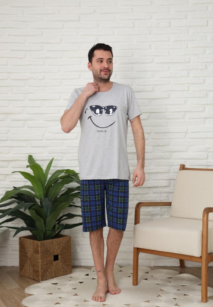 Pijama bărbătească din bumbac – Mânecă scurtă & pantaloni trei sferturi, imprimeu "Smile"