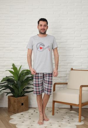 Pijamale barbati din bumbac, maneca scurta pantaloni trei sferturi imprimeu stropi de iubire