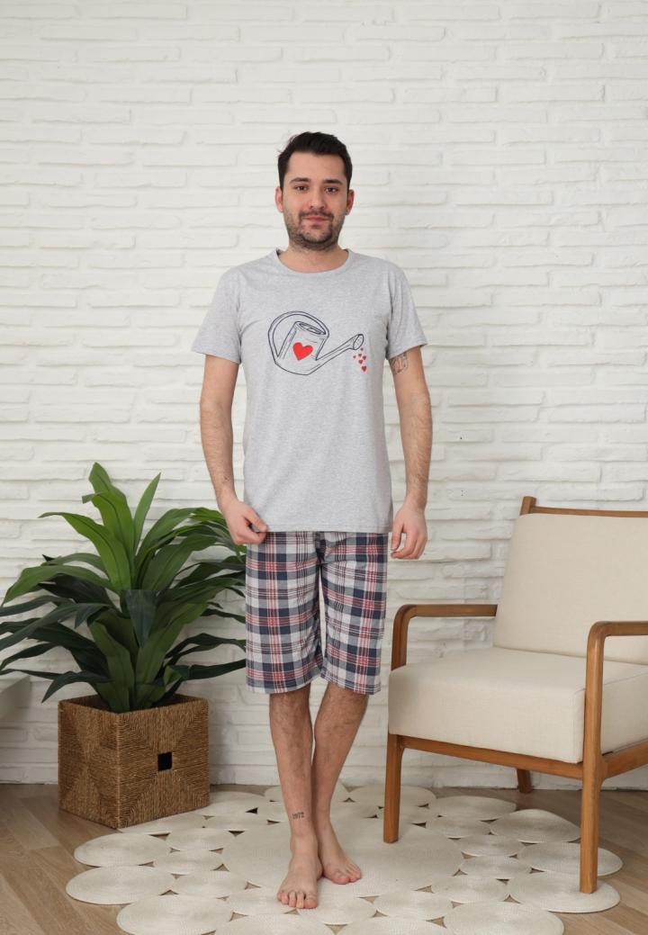 Pijamale barbati din bumbac, maneca scurta pantaloni trei sferturi imprimeu stropi de iubire