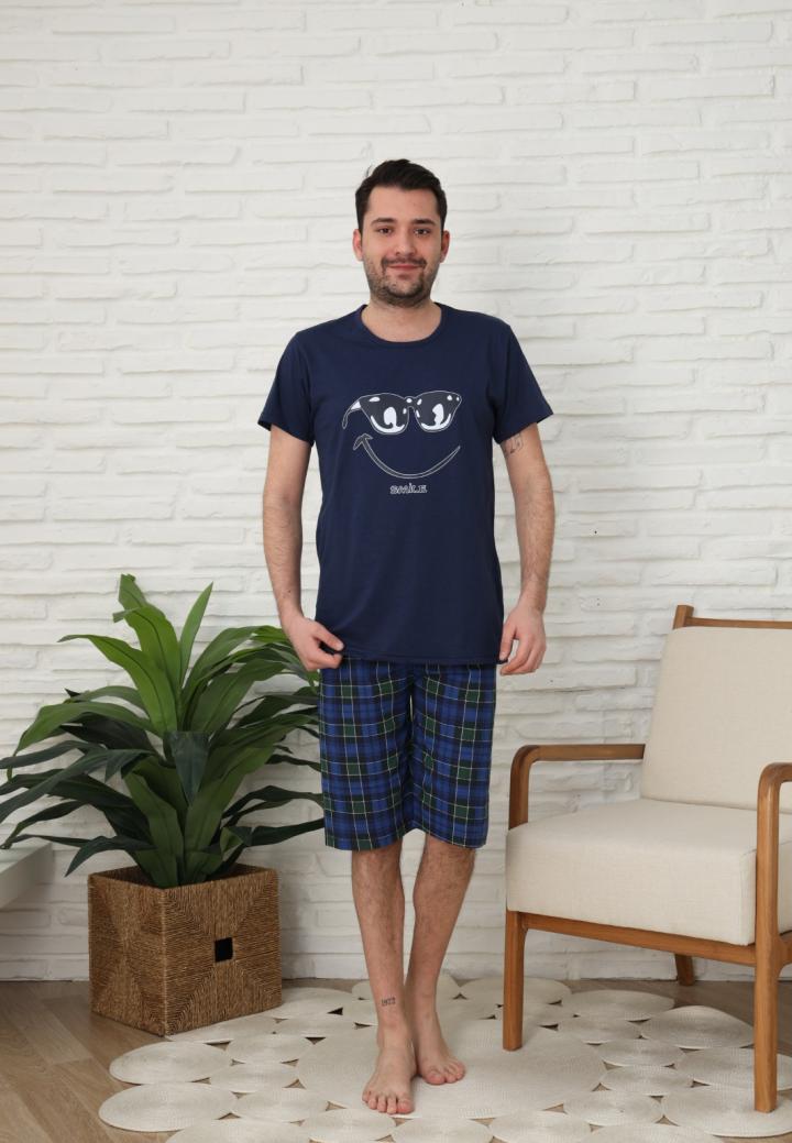 Pijama bărbătească din bumbac – Mânecă scurtă & pantaloni trei sferturi, imprimeu "Smile"