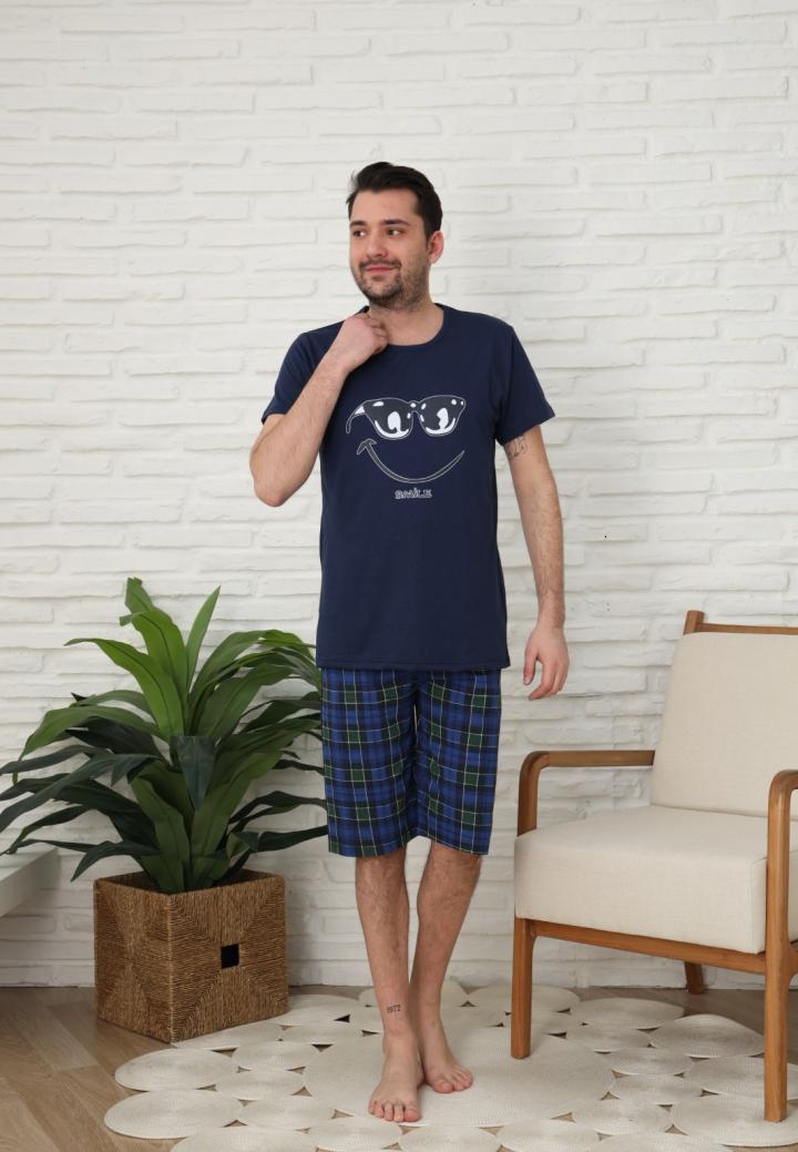 Pijama bărbătească din bumbac – Mânecă scurtă & pantaloni trei sferturi, imprimeu "Smile"