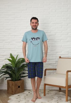 Pijama bărbătească din bumbac – Mânecă scurtă & pantaloni trei sferturi, imprimeu "Smile"