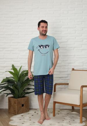 Pijama bărbătească din bumbac – Mânecă scurtă & pantaloni trei sferturi, imprimeu "Smile"