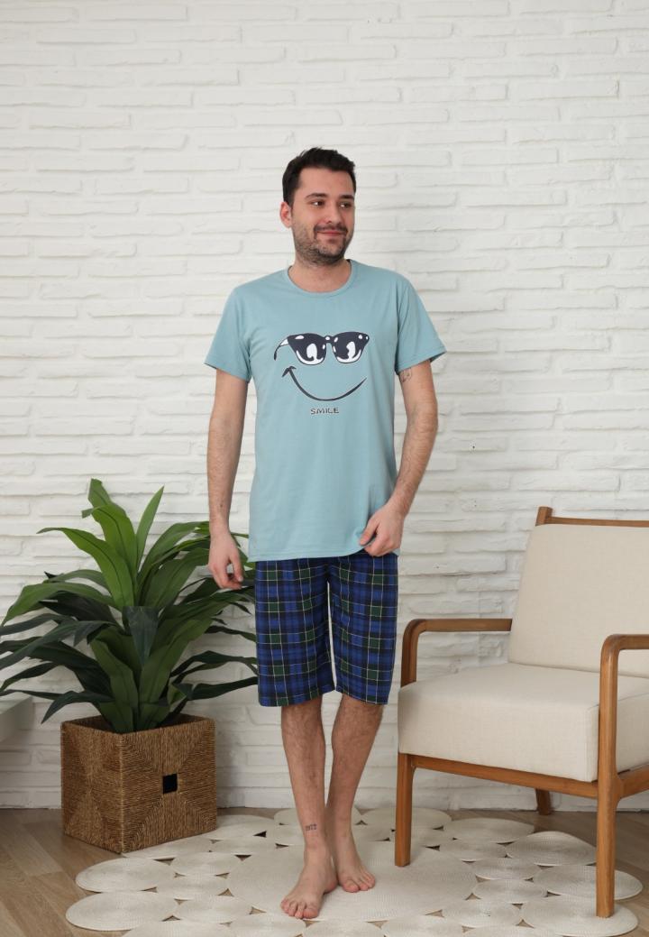 Pijama bărbătească din bumbac – Mânecă scurtă & pantaloni trei sferturi, imprimeu "Smile"