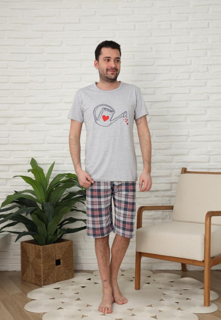 Pijamale barbati din bumbac, maneca scurta pantaloni trei sferturi imprimeu stropi de iubire