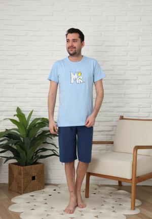 Pijama bărbați cu mânecă scurtă și pantaloni trei sferturi -MR, Albastru